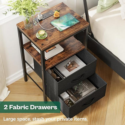 Huuger Nightstand with Charging Station, Side Table with Fabric Drawers - Image 5