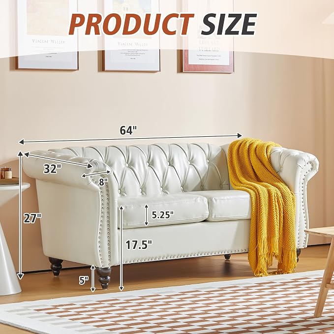 ORRD 2 Pieces Living Room Set, Chesterfield Faux Leather Sofa Loveseat Couch - Image 2