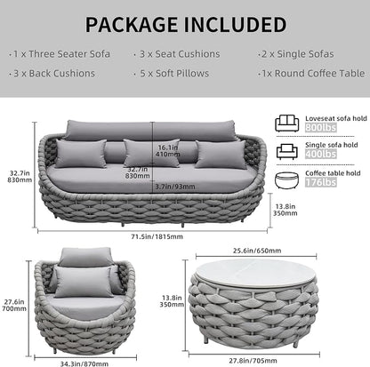 TWT Aluminum Modern Patio Set Three Seater Sofa Outdoor Furniture Set w/Coffee - Image 2