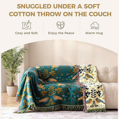 LUTBM King Throw Blanket for Bed 100% Cotton Boho Soft Rustic Quilt Birds and - Image 3