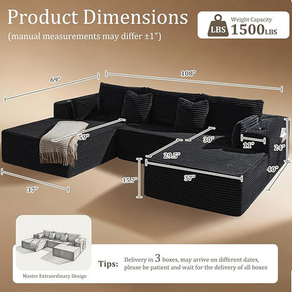 108" Oversized Cloud Sectional Couch, Comfort U Shaped Boneless Couch - Image 2