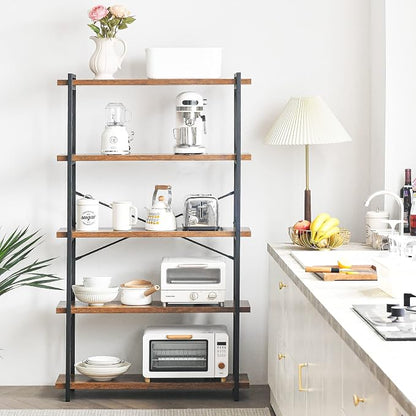 HCHQHS Bookshelf, 5-Tier Industrial Bookcase, Rustic Open Book Shelf, - Image 4