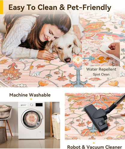 RELEANY Area Rugs Round 10ft Washable Non-Slip, Floral Vintage Distress Print - Image 5