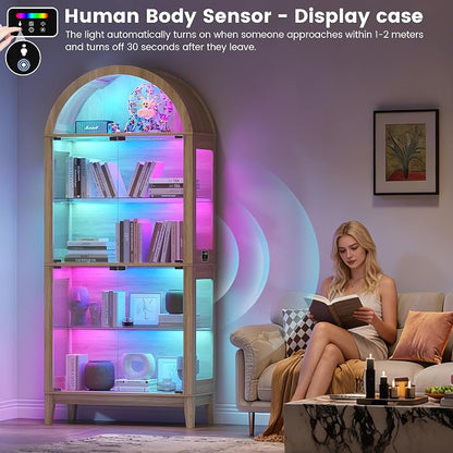 HNEBC Arched Book Shelf with Glass Doors, LED Bookcase with RGB Lights - Image 4