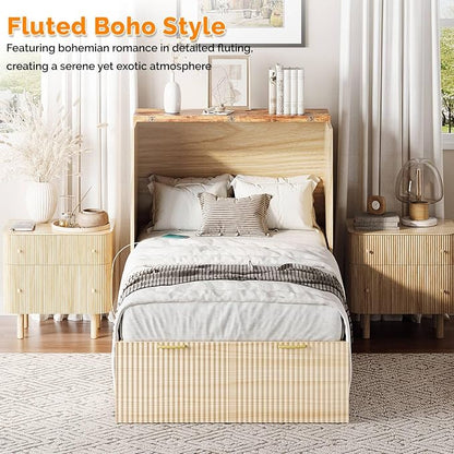 VINGLI Twin Murphy Bed with Storage Drawer, Fluted Wooden Foldable Bed Cabinet - Image 6