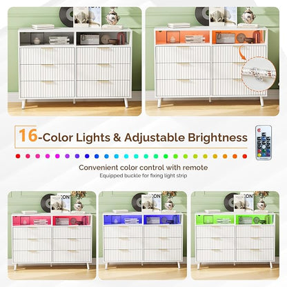 VINGLI Fluted White Dresser, Led Dresser 6 Drawer - Image 4