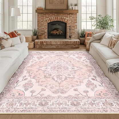 RELEANY Area Rugs Square 8ft Washable Non-Slip, Floral Vintage Distress Print by RELEANY