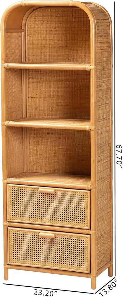 Bali & pari Curacao Modern Bohemian Light Honey Rattan 2-Drawer Bookcase - Image 3