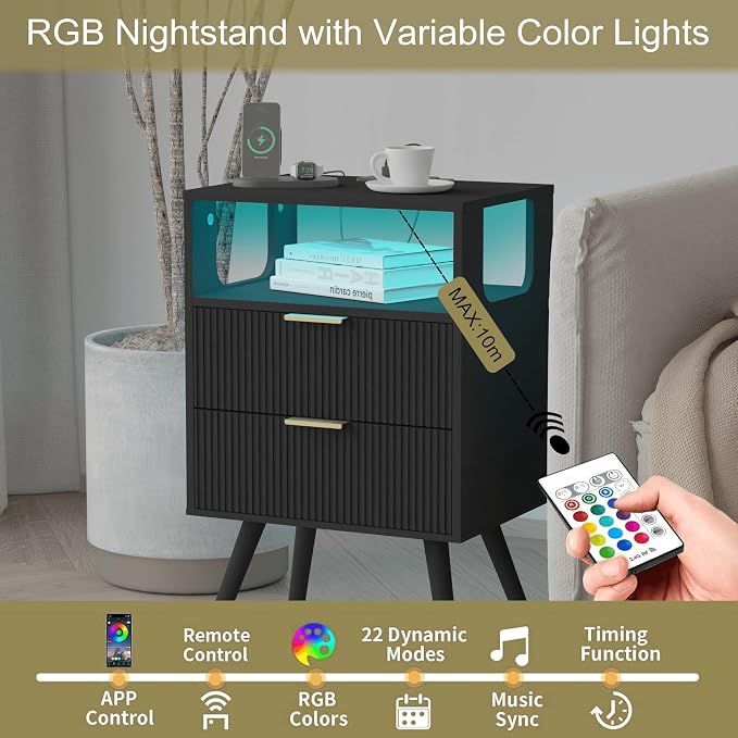 JOONEE Black Nightstand with Charging Station and LED Lights, Modern Bedside - Image 5