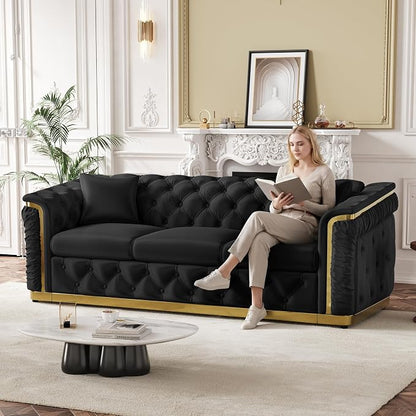 2 Piece Velvet Chesterfield Sofa Luxury Tufted Sofa Black and Gold Couch Set - Image 4