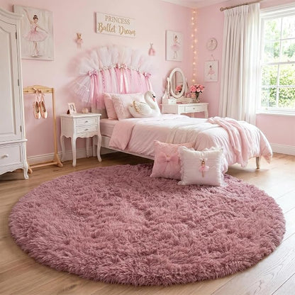 Blush Fluffy Round Rug 5Ft for Bedroom, Fuzzy Plush Circle Area Rugs for Baby - Image 2