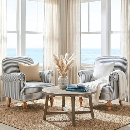 Blue Striped Linen Fabric Accent Chair, Coastal Upholstered Armchair - Image 6