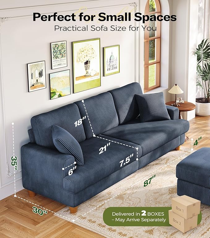 Kidirect 87in Corduroy Couch, Sofa No Tool Assembly, Comfy Couches - Image 2