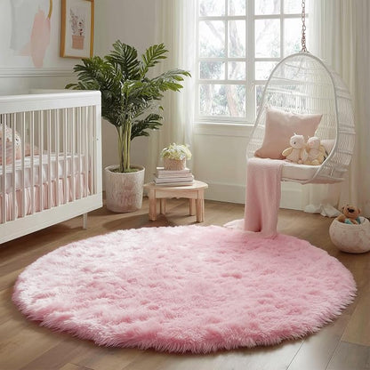Pink Fluffy Round Rug 5Ft for Girls Bedroom Decor Aesthetic, Shaggy Circle Area - Image 7