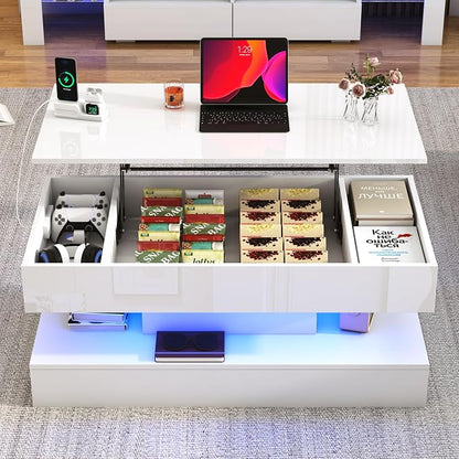 39.4" Large Lift Top Coffee Table, Modern High Glossy LED Coffee Tables - Image 9