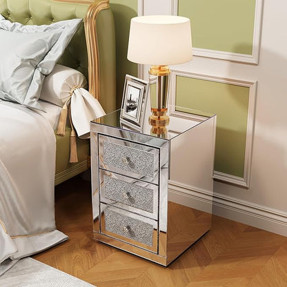 3-Drawer Mirrored Nightstand Bedside Table, Modern Mirrored End Side Table - Image 3