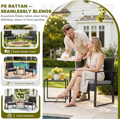 Flamaker 3 Pieces Patio Set Outdoor Wicker Furniture Modern Bistro Rattan Chair - Image 3