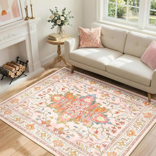 RELEANY Area Rugs 4'x6' Washable Non-Slip, Floral Vintage Distress Print by RELEANY