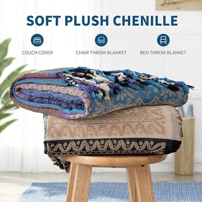 Boho Throw Blanket, Chenille Jacquard Tassels Throw Blankets - Image 8