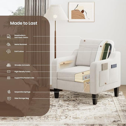 Accent Chair for Living Room Modern Linen Upholstered Armchair Side Wooden - Image 8