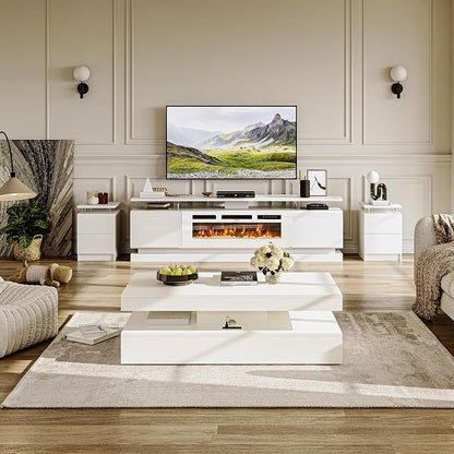 4-Piece Modern Living Room Table Set, Includes High Gloss 70" Fireplace TV Stand - Image 2