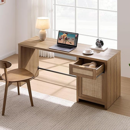SICOTAS Rattan Home Office Desk, 2 Pieces Farmhouse Boho Executive Desk - Image 6
