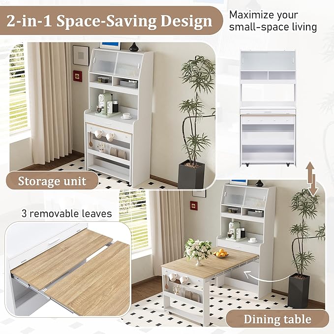 Compact Buffet with Hutch and Foldable Dining Table, 2-in-1 Buffet - Image 6