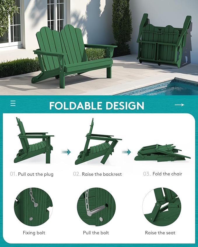 SERWALL 3 Pieces Patio Adirondack Bench Set, 2 Folding Adirondack Bench & 1 - Image 4