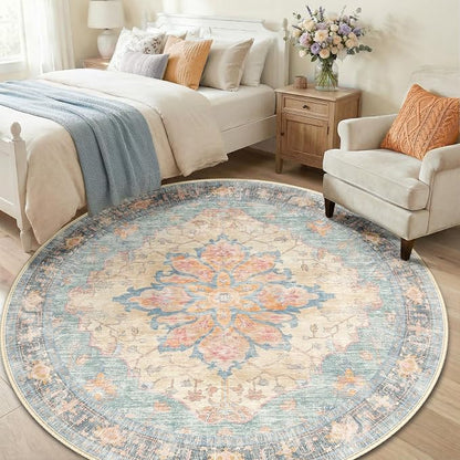 RELEANY Area Rugs Round 6ft Washable Non-Slip, Floral Vintage Distress Print - Image 3