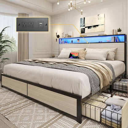Lifezone King Bed Frame with 2-Tier Storage Headboard, Metal Platform Bed Frame by Lifezone