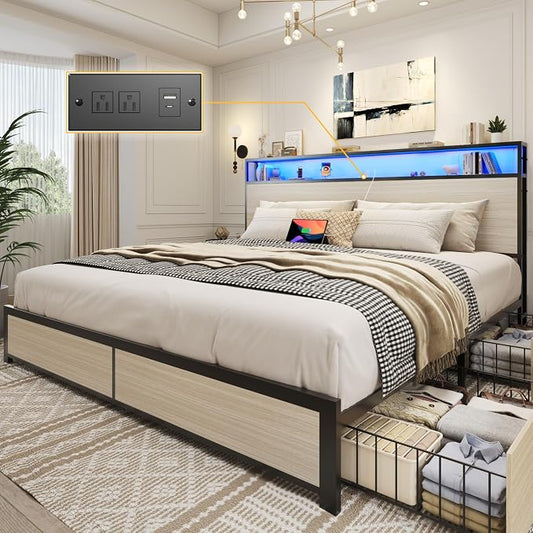 Lifezone King Bed Frame with 2-Tier Storage Headboard, Metal Platform Bed Frame by Lifezone