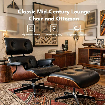 Black PU Leather, Mid Century Chaise Lounge Chair and Ottoman, Leather Accent - Image 4