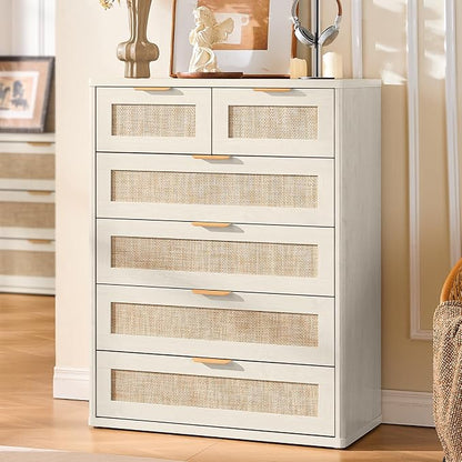 LEYAOYAO White Dresser for Bedroom Set of 2, Modern 6 Drawers Boho Rattan - Image 6