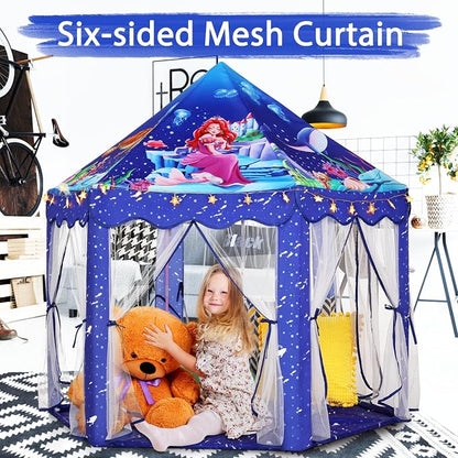 Monobeach Mermaid Princess Tent Girls Blue Large Playhouse Kids Castle Play Tent - Image 3