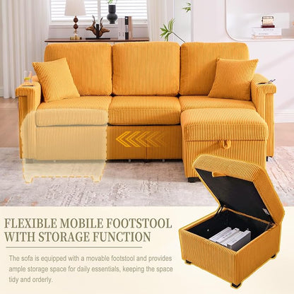 L-Shaped Sectional Sofa with Storage & Movable Ottoman, Corduroy 3 Seater - Image 8