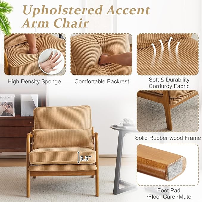 VINGLI Upgraded Premium Corduroy Accent Chairs Set of 2, Upholstered Arm Chair - Image 5