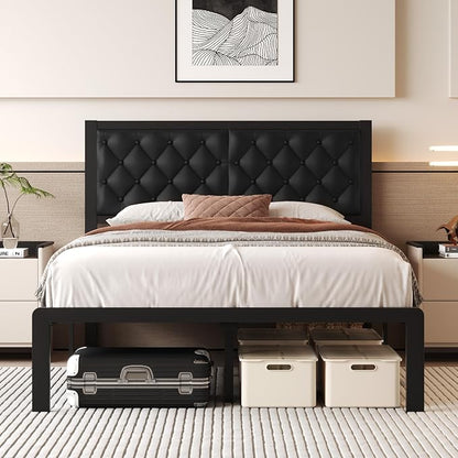 Fluest Full Bed Frame with Headboard PU Leather Upholstered Bed Frame Platform by Fluest