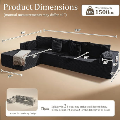 138" Oversized Cloud Sectional Couch, Comfort L Shaped Boneless Couch - Image 2