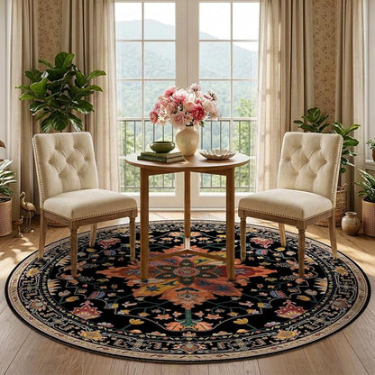 RELEANY Area Rugs Round 5ft Washable Non-Slip, Floral Vintage Distress Print by RELEANY