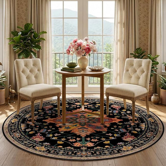 RELEANY Area Rugs Round 5ft Washable Non-Slip, Floral Vintage Distress Print by RELEANY