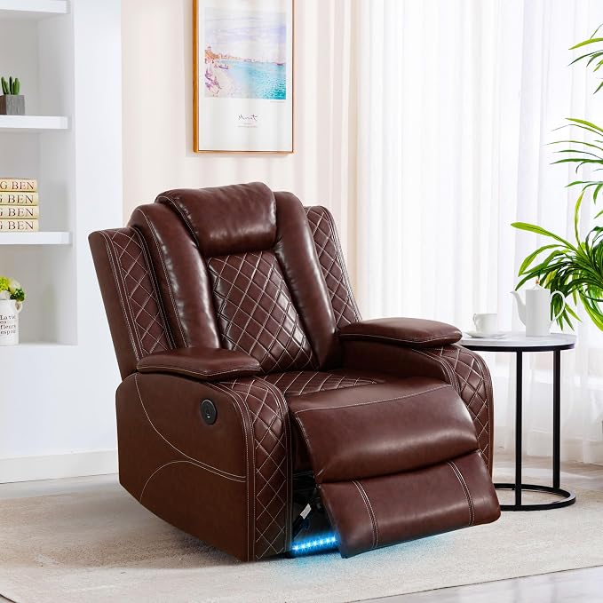 Power Recliner Chair with LED Lights, Leather Manual Recliner 1 Seat, Living - Image 3