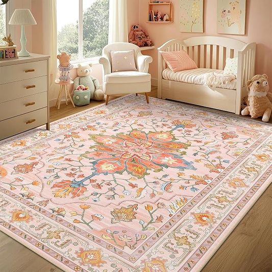 RELEANY Area Rugs 5'x7' Washable Non-Slip, Floral Vintage Distress Print by RELEANY