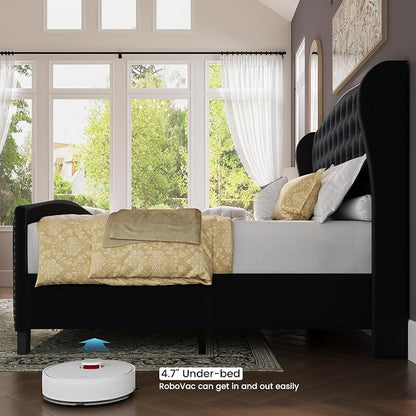 BRELTAM Upholstered Queen Size Bed Frame Velvet Black Tufted Platform Bed Frame - Image 7