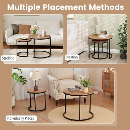 Giantex Nesting Coffee Table Set of 2, Round Stacking Side Tables w/Wooden - Image 5
