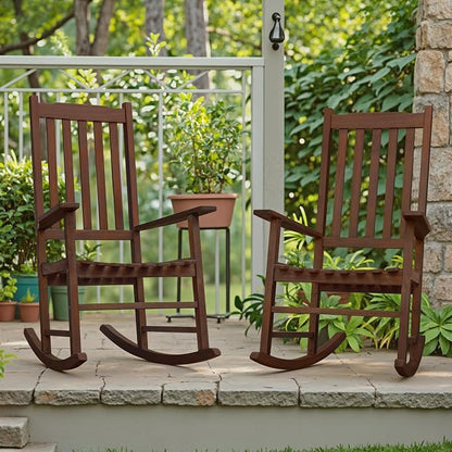 Flamaker Acacia Wood Patio Rocking Chair Set of 2, High Back and Widen Armrest - Image 2