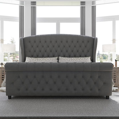 AMERLIFE California King Size Platform Bed Frame, Velvet Upholstered Sleigh Bed - Image 3