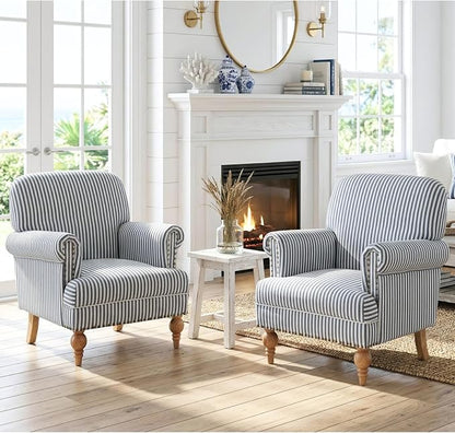 Blue Striped Linen Fabric Accent Chairs Set of 2, Coastal Upholstered Armchairs by DMFurniture