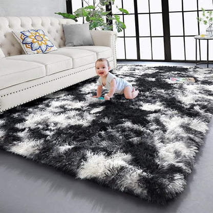 PAGISOFE Black White Grey Rugs for Living Room 5x8, Shag Fuzzy Fluffy - Image 9