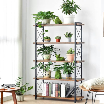 HCHQHS Bookshelf, 5-Tier Industrial Bookcase, Rustic Open Book Shelf, - Image 5