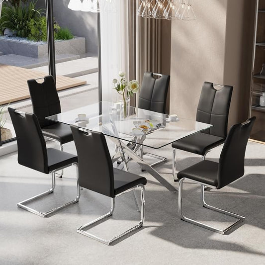 7-Piece Dining Table Set for 6, Modern Rectangular Glass Table by KATBOCFurniture